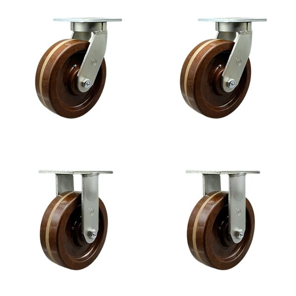 Service Caster 8'' Heavy Duty High Temp Phenolic Swivel Caster Set 2 Swivel Locks 2 Rigid, 4PK CRAN-SCC-KP92S830-PHRHT-BSL-2-R-2 - main
